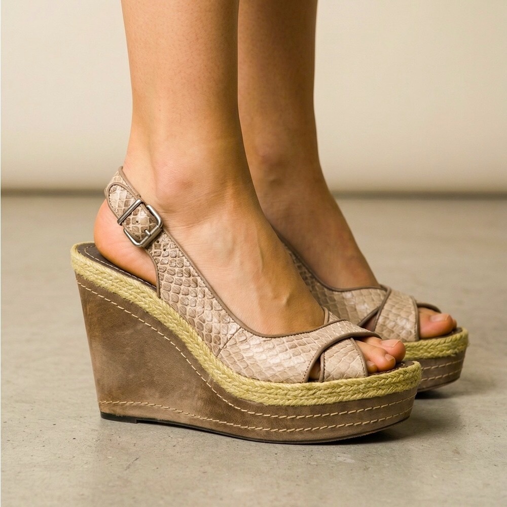 Vince Camuto Estera Leather Snakeskin Print Slingback Wedge Sandals - Picture 4 of 14